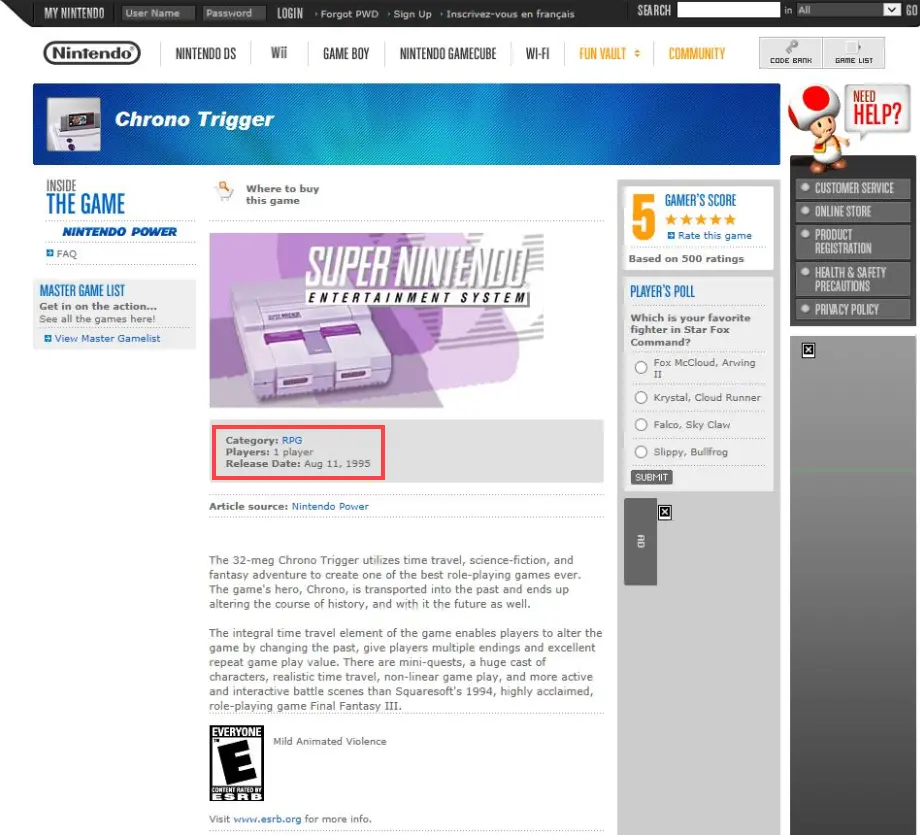 Official nintendo chrono trigger release date: august 11, 1995