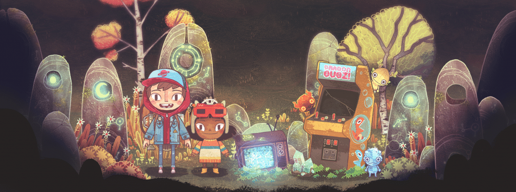 Lower Banner for The Wild at Heart. Hand-drawn, a boy and a girl in a forest, with some forest sprites and arcade cabinets to their left.