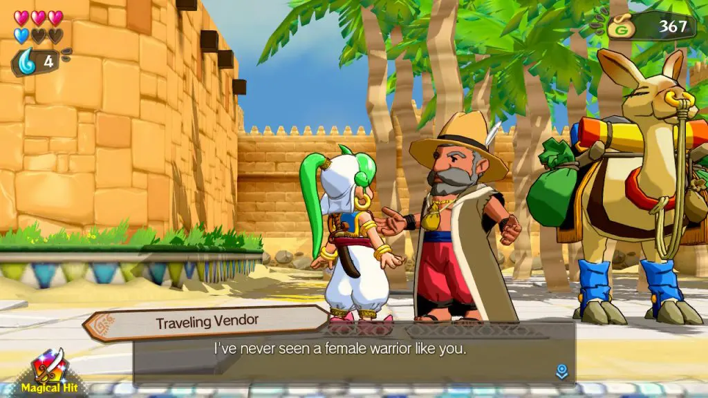 A traveling vendor remarks, "i've never seen a female warrior like you."