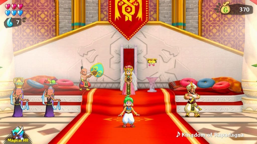 Asha stands in the thrown room of the castle in rapadagna - what is wonder boy: asha in monster world?