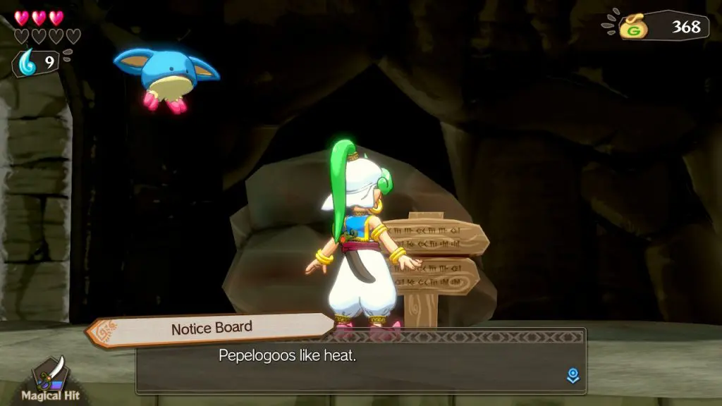 A sign in a dungeon that reads "pepelogoos like heat. "