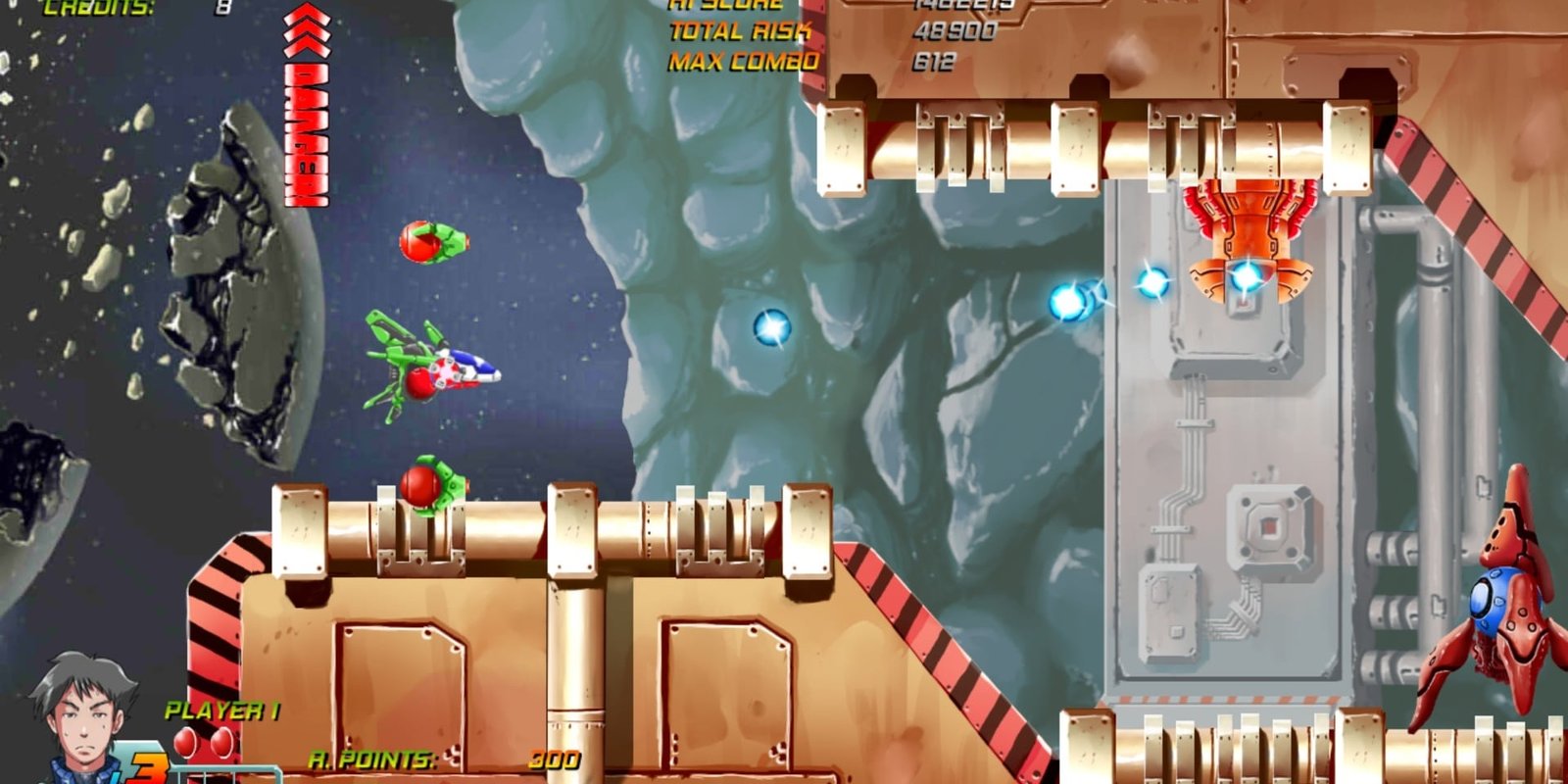 Wings of Bluestar screenshot. A space ship flies into a corridor.