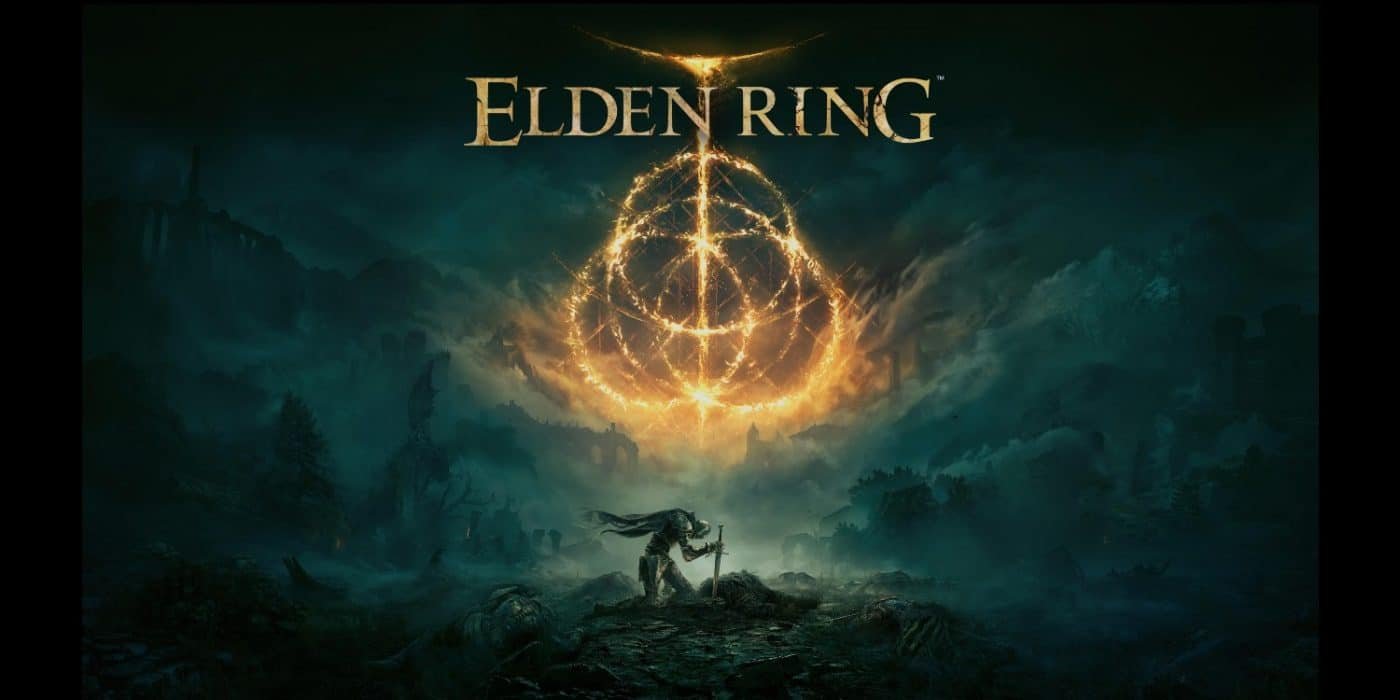 Elden ring box art. A knight kneels over an enemy on the battlefield  - geek to geek media’s game of the year awards 2022
