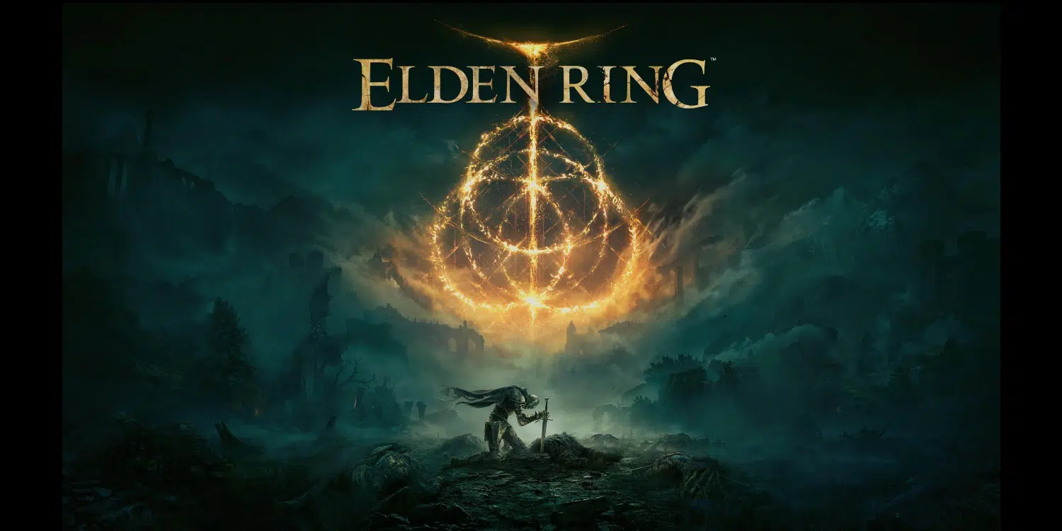 Elden ring box art. A knight kneels over an enemy on the battlefield