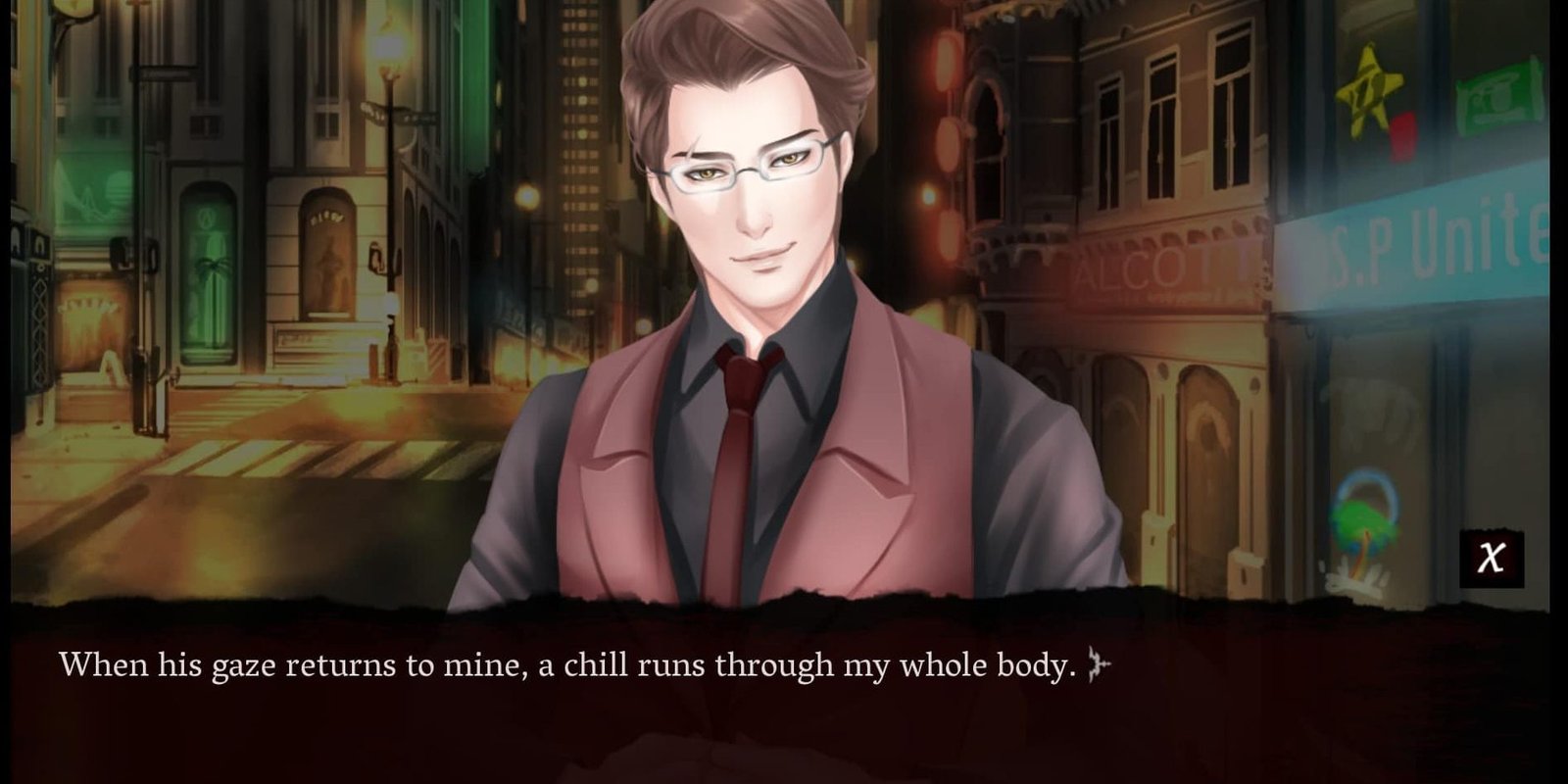 Red embrace. Visual novel screenshot of a handsome man staring into the protagonist's eyes