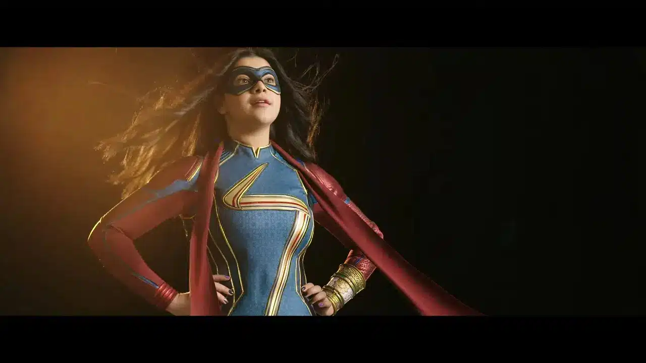 Iman vellani in costume as ms. Marvel for the ms. Marvel series on disney+