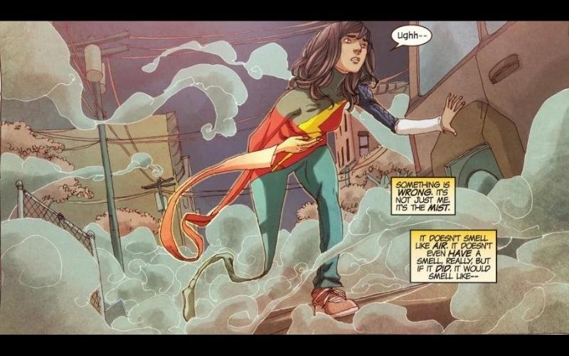 Comic panel of kamala khan overcome by the terrigen mist. Thought boxes say "something is wrong. It's not just me. It's the mist. It doesn't smell like air. It doesn't even hae a smell, really , but if it did, it would smell like . . ."