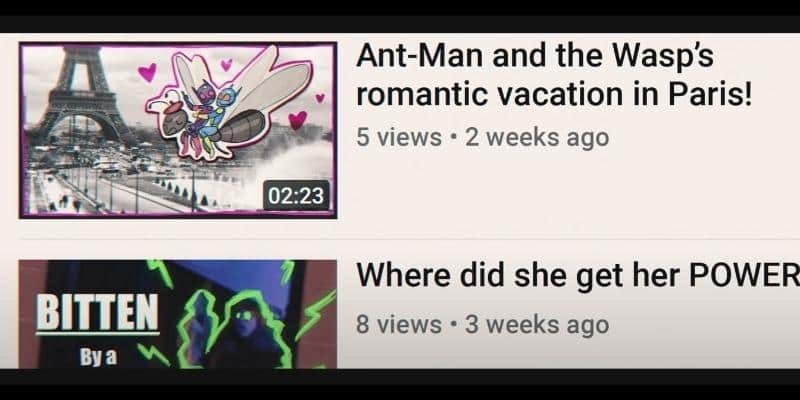 Screenshot showing kamala khan's YouTube channel, showing the videos "Ant-Man and the Wasps's romantic vacation in Paris!" and "Where did she get her POWER?"