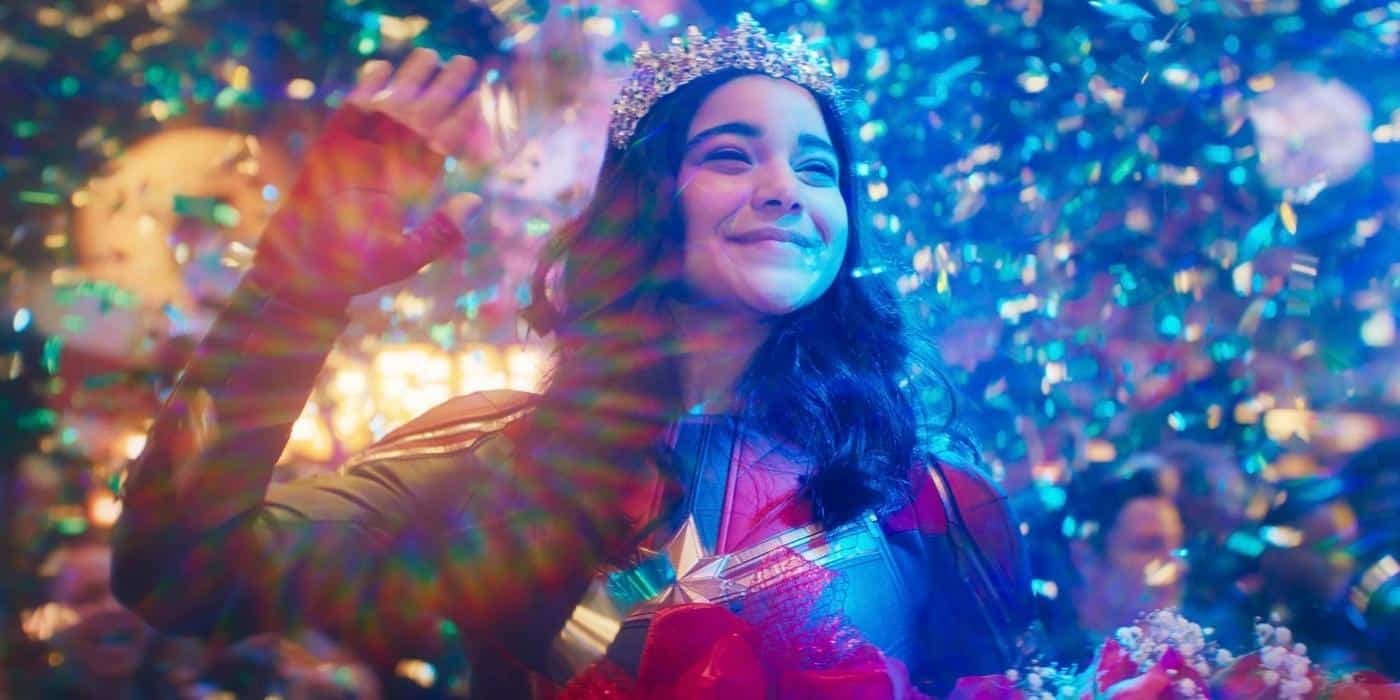 Picture from ms. Marvel episode 1. Kamala's fantasy sequence of winning the cosplay contest, and being given a tiara and showered with confetti
