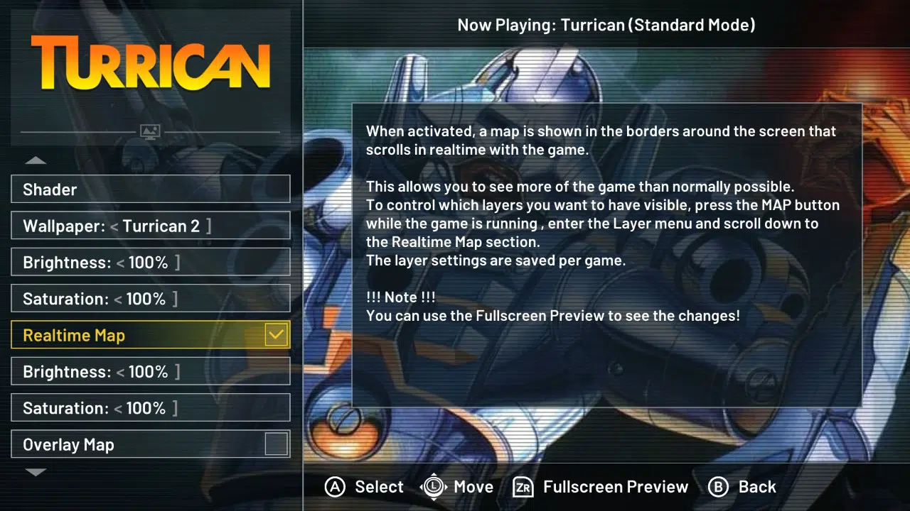 I didn't find the "realtime map" very helpful in Turrican Anthology Vol. I, but the ability to pause and see a map is great.