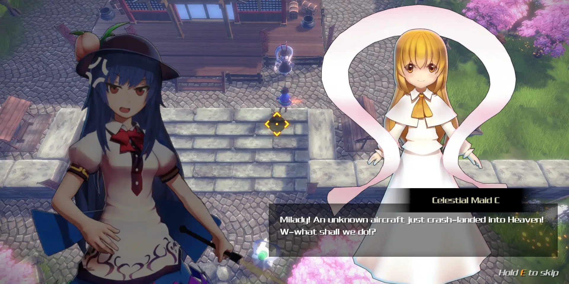 Touhou dialog: "Milady, an unknown aircraft just crashed into Heaven! What shall we do?"