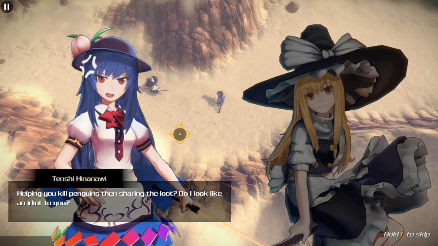 A witch and an anime school girl/goddess discuss splitting the loot after shooting a bunch of feral penguins