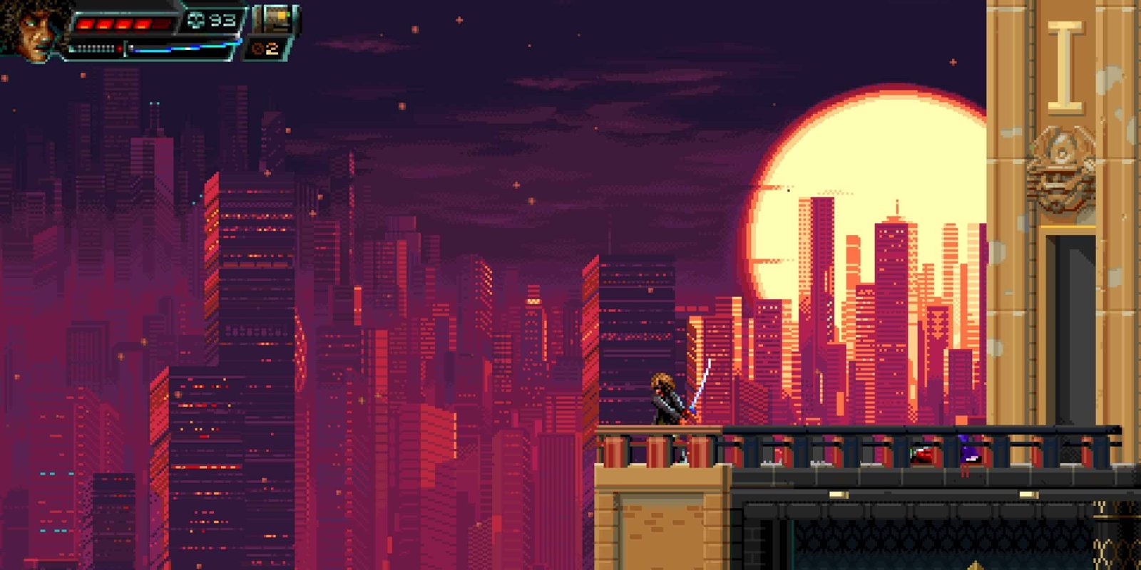 The bounty hunter admires the sun setting behind the city skyline