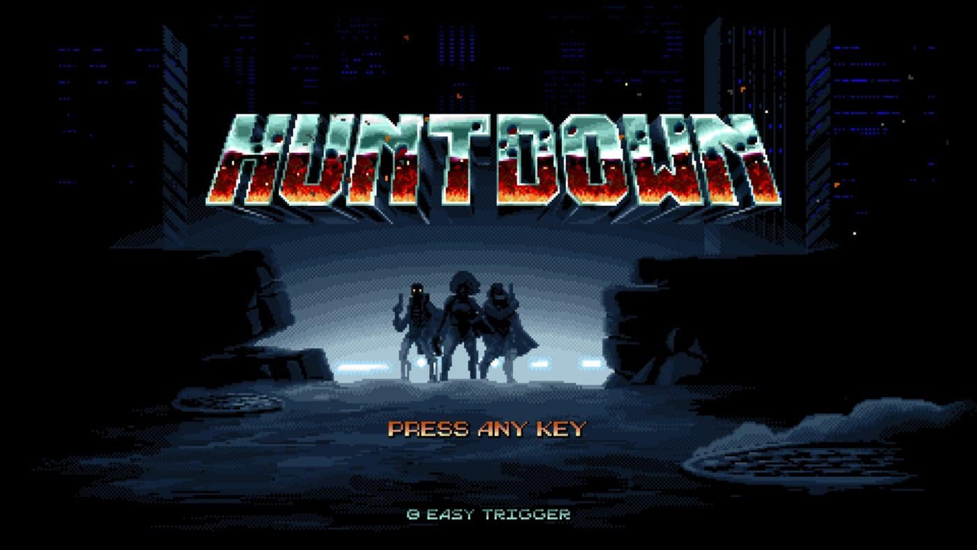 Huntdown title screen depicting 3 bounty hunters in a dark alley