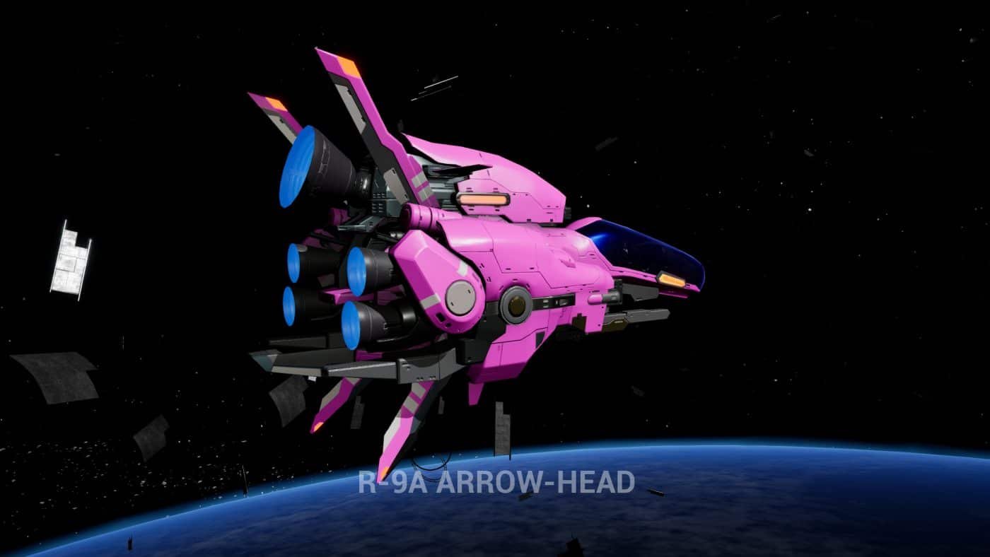 The iconic r-type ship, the arrow-head, depicted with a pink paintjob