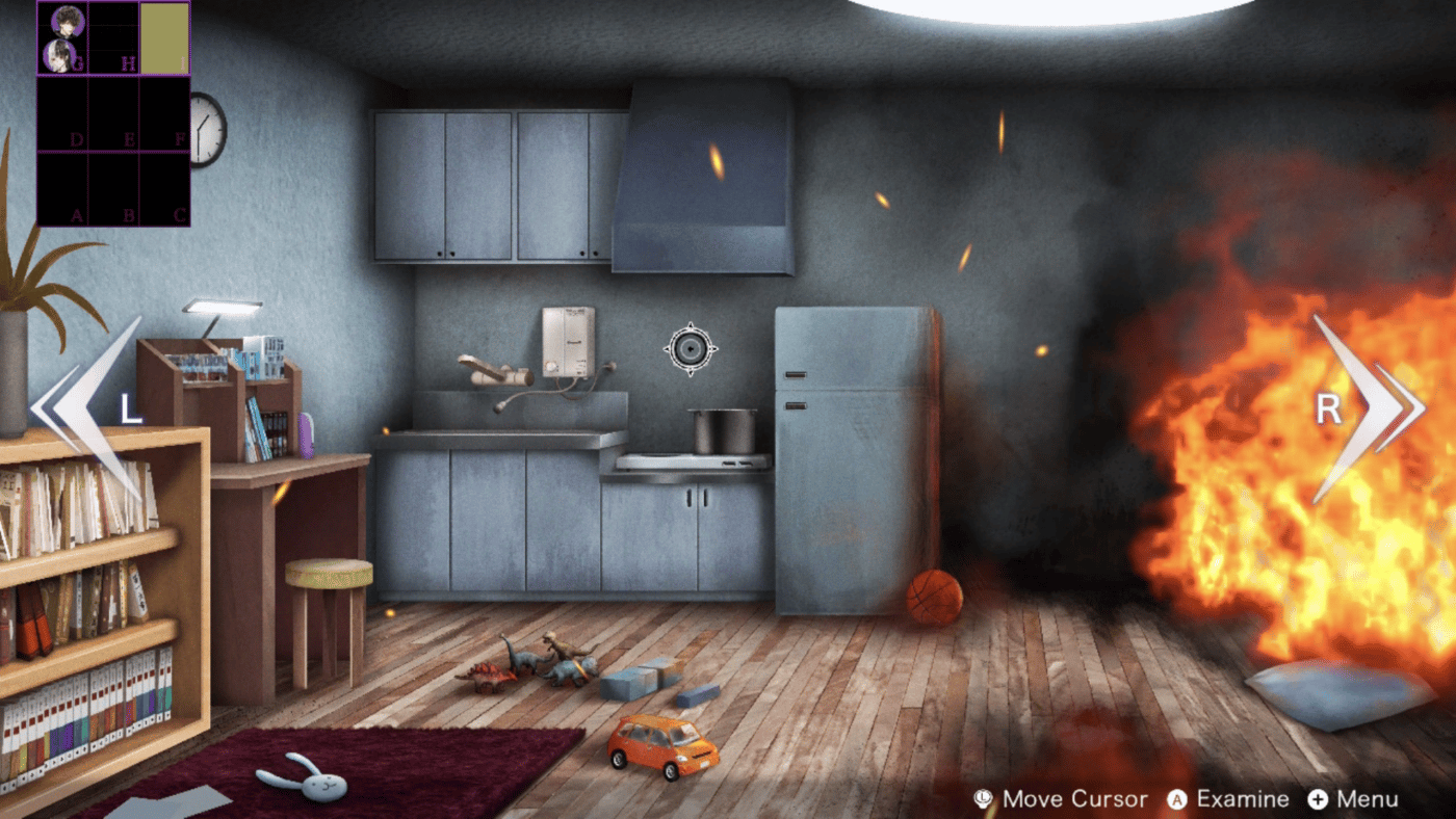 Point-and-click screen, a cursor scans the interior of a burning building for clues