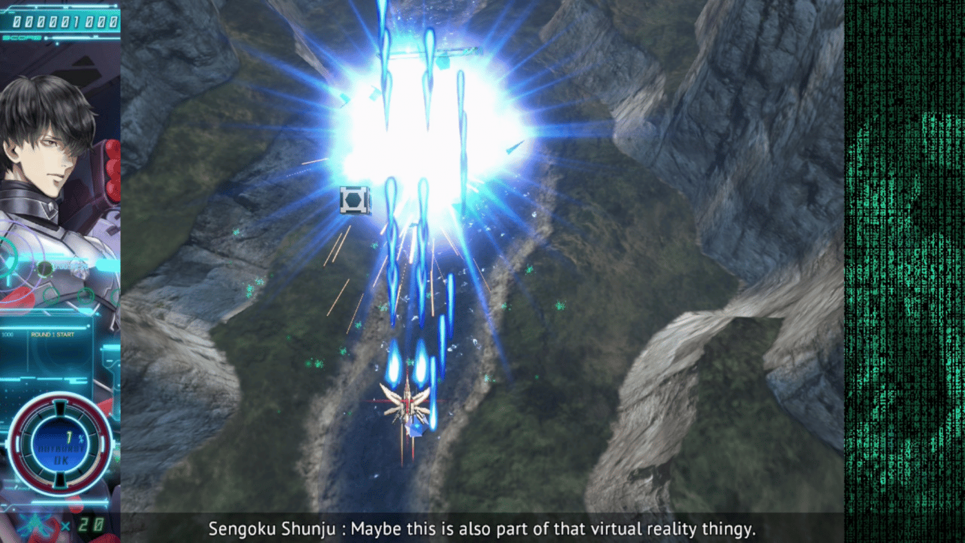 A spaceship blows up an enemy with a barrage of blue projectiles