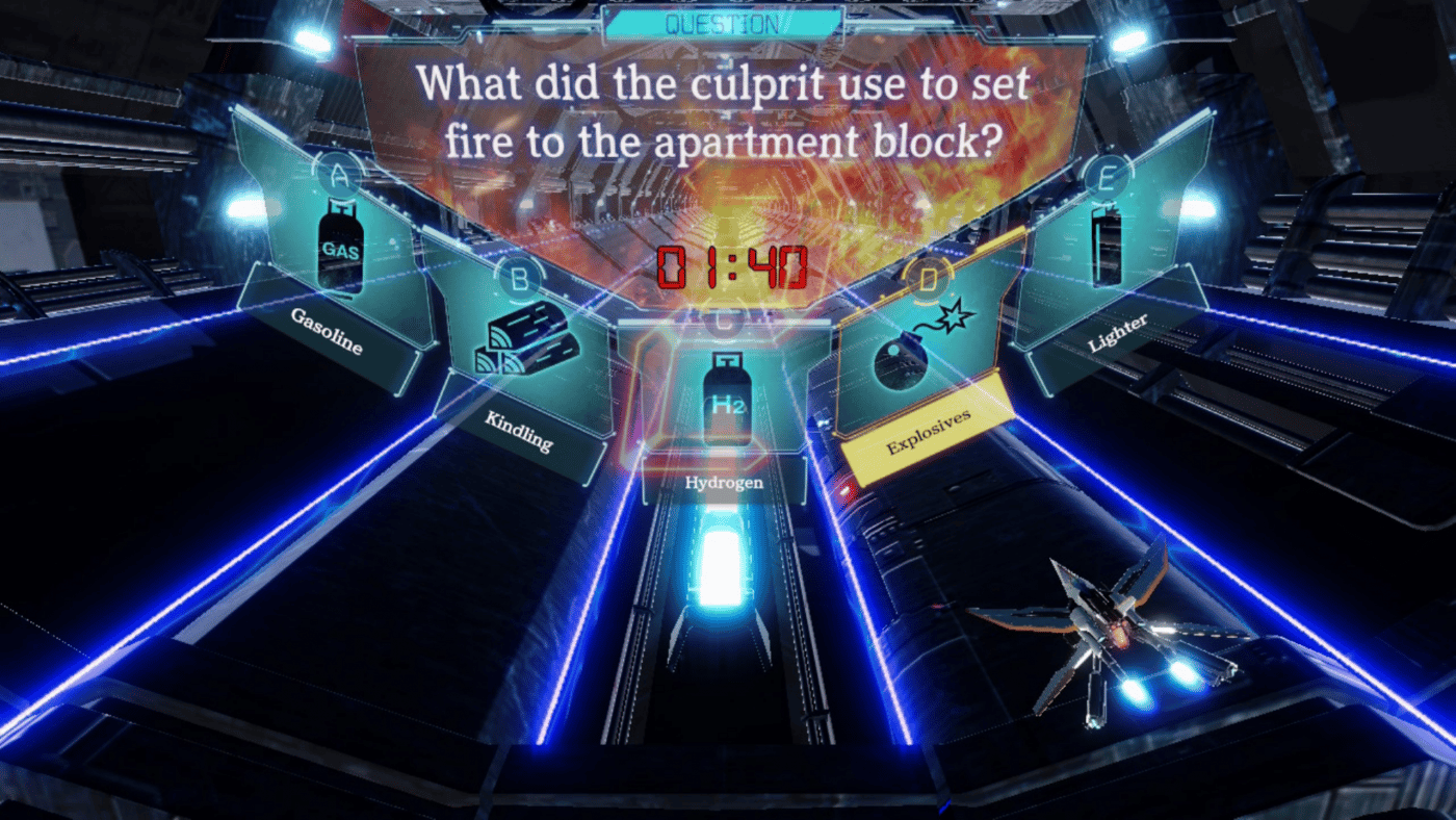 A multiple-choice question about the murder weapon used in the case appears before the shmup ship takes off