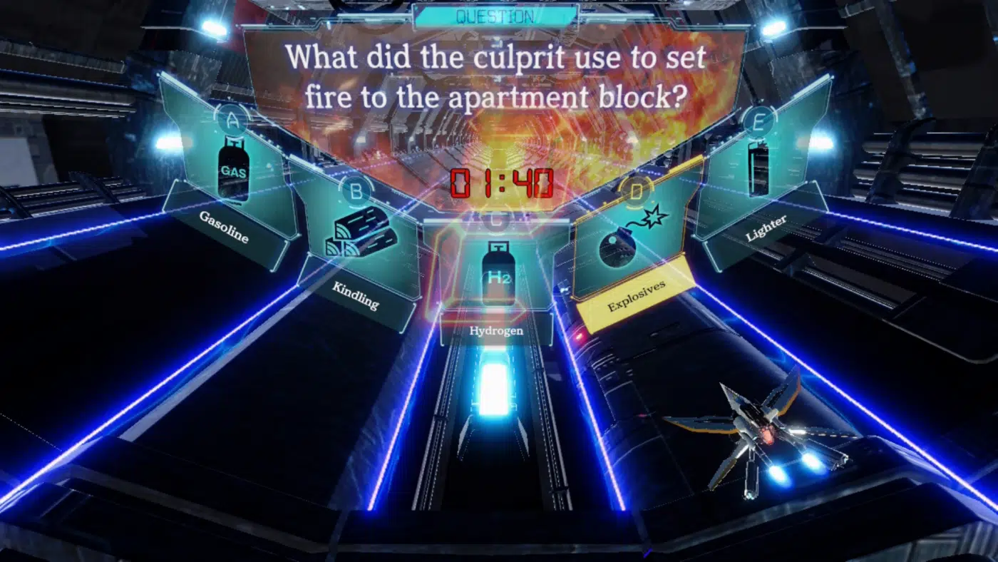 A multiple-choice question about the murder weapon used in the case appears before the shmup ship takes off