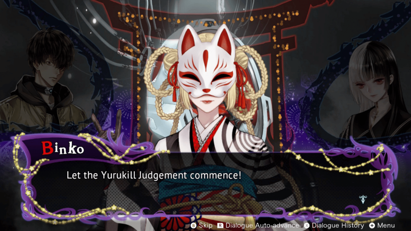 Binko, a woman with big hair wearing a kimono and a fox mask, exclaims "let the yurukill judgement commence! "