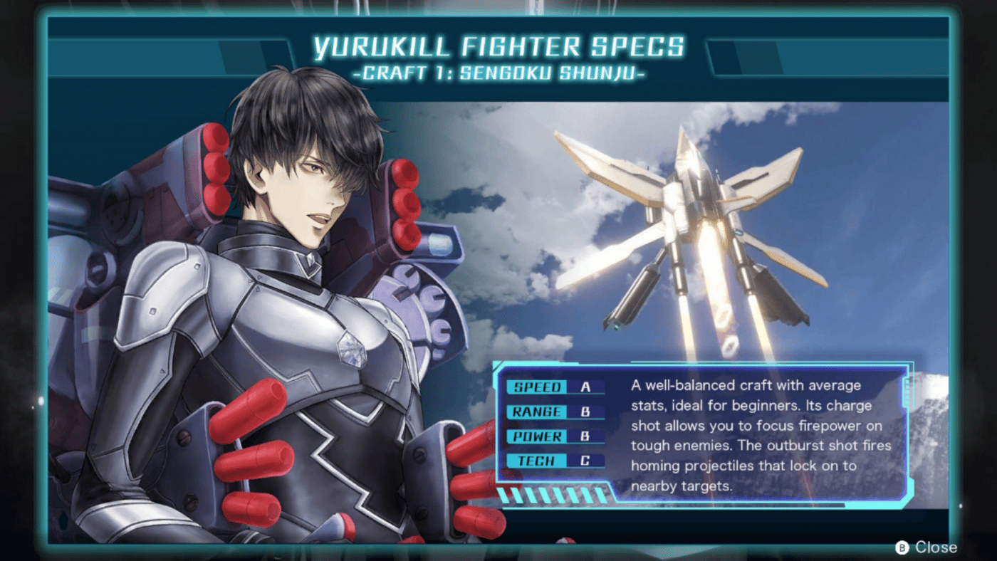 Yurukill fighter specs screen displaying the stats of your ship for the shmup gameplay