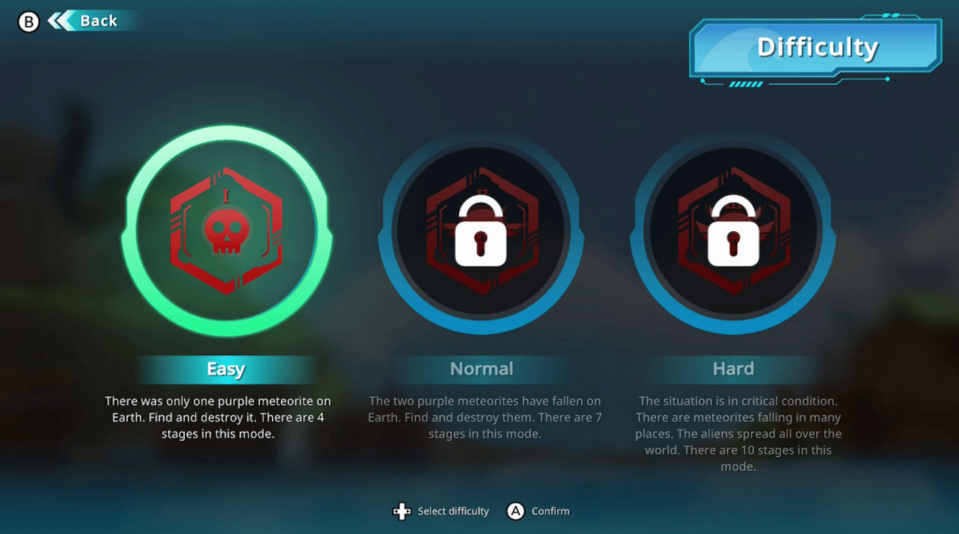 Difficulty select screen showing that you must start the game on easy