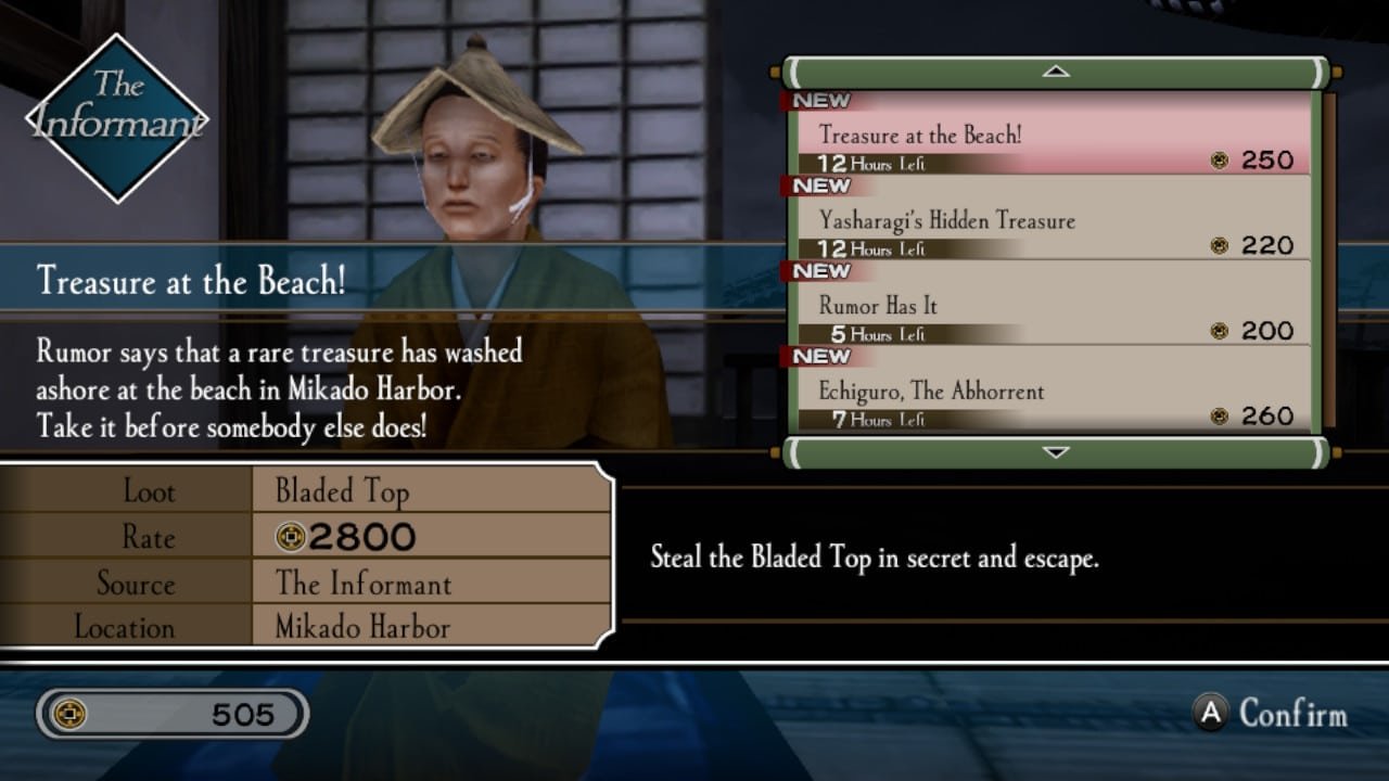 Kamiwaza: way of the thief has you taking mission's from an informant.