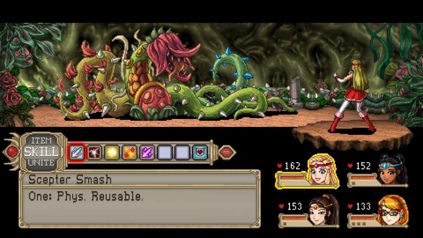 Battle screen depicting one of the magical girls fighting a giant man-eating plant