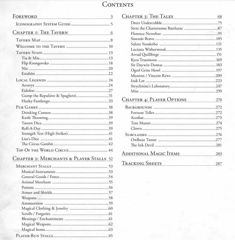 Table of contents for tavern tales 5e