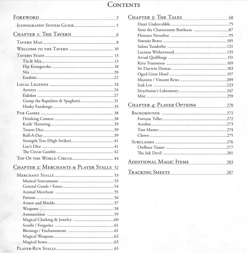 Table of contents for tavern tales 5e