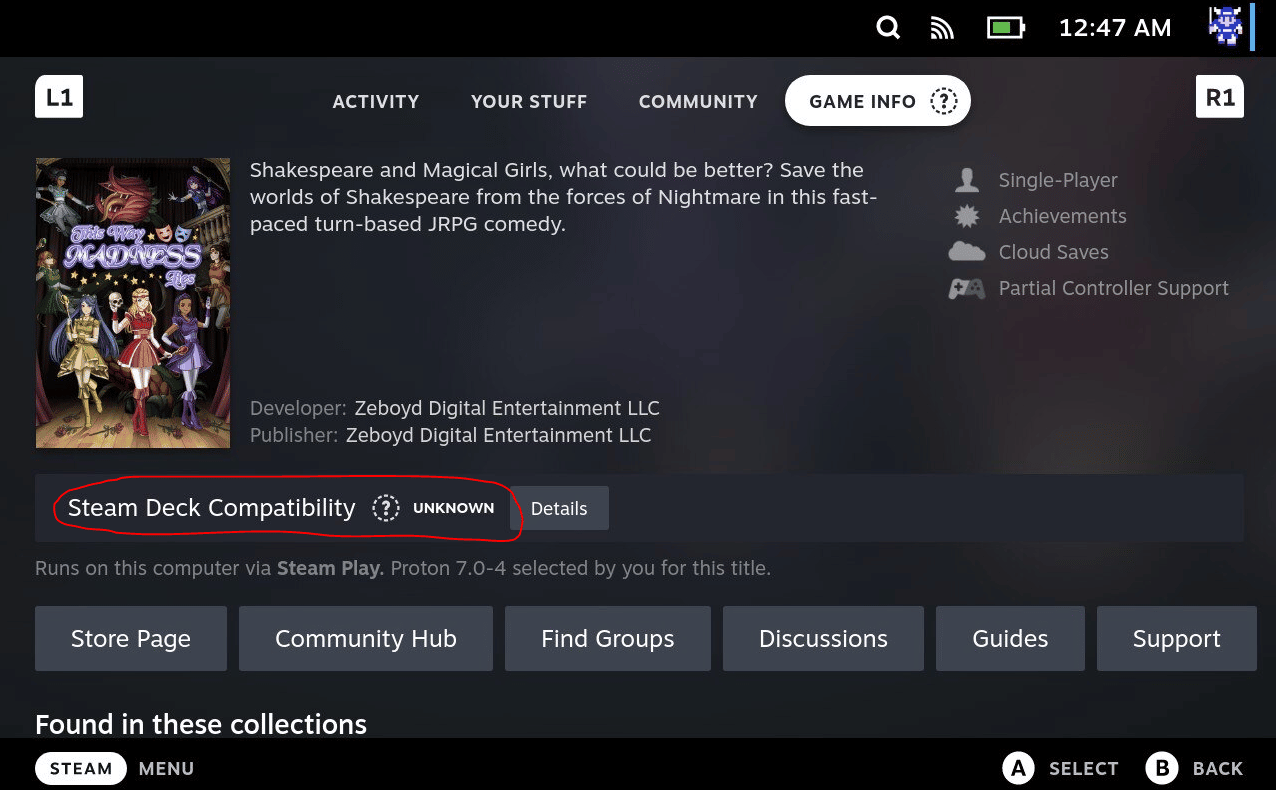Steam deck screenshot: compatibility says "unknown"