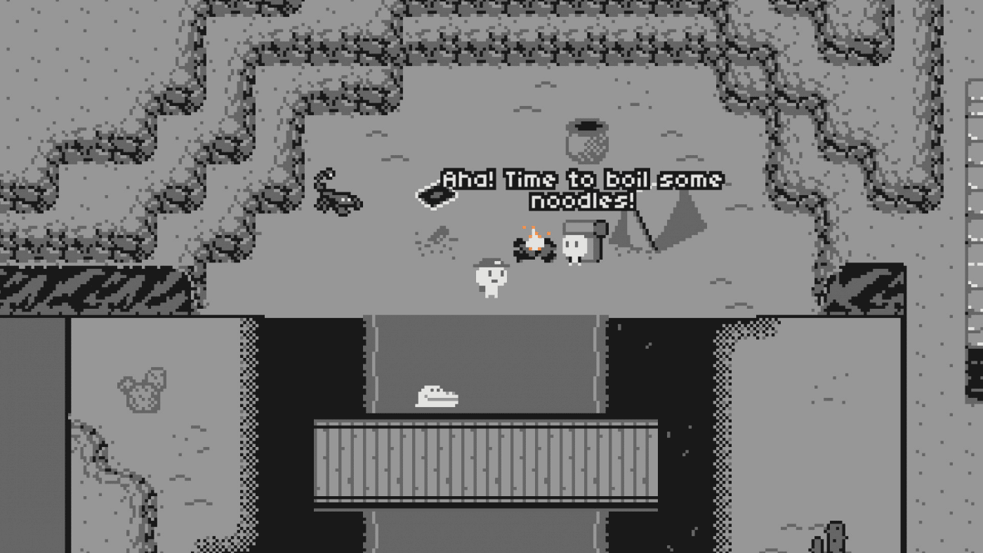Overhead 2d pixel art in black and white, similar to zelda on the gameboy
