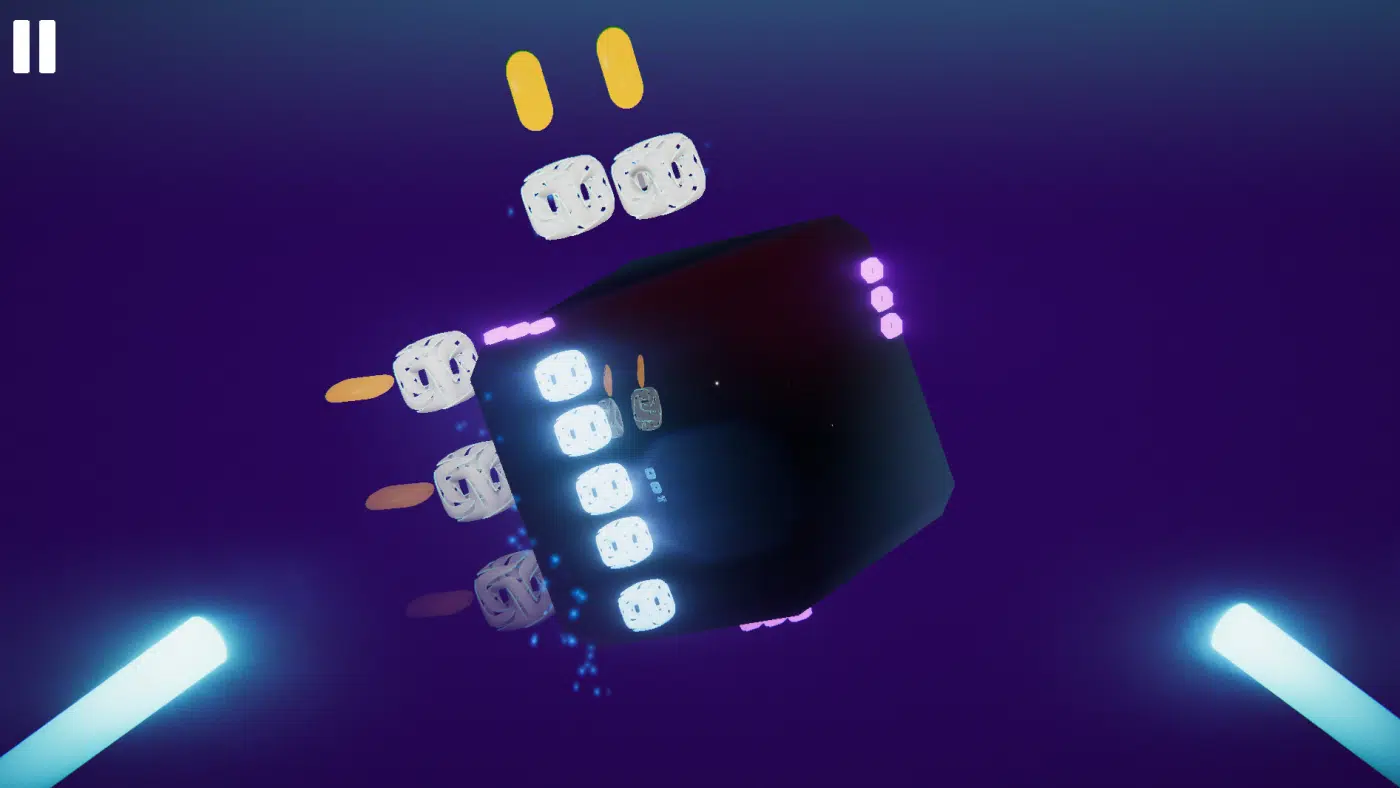 A black cube with several white boxes representing notes floats in space