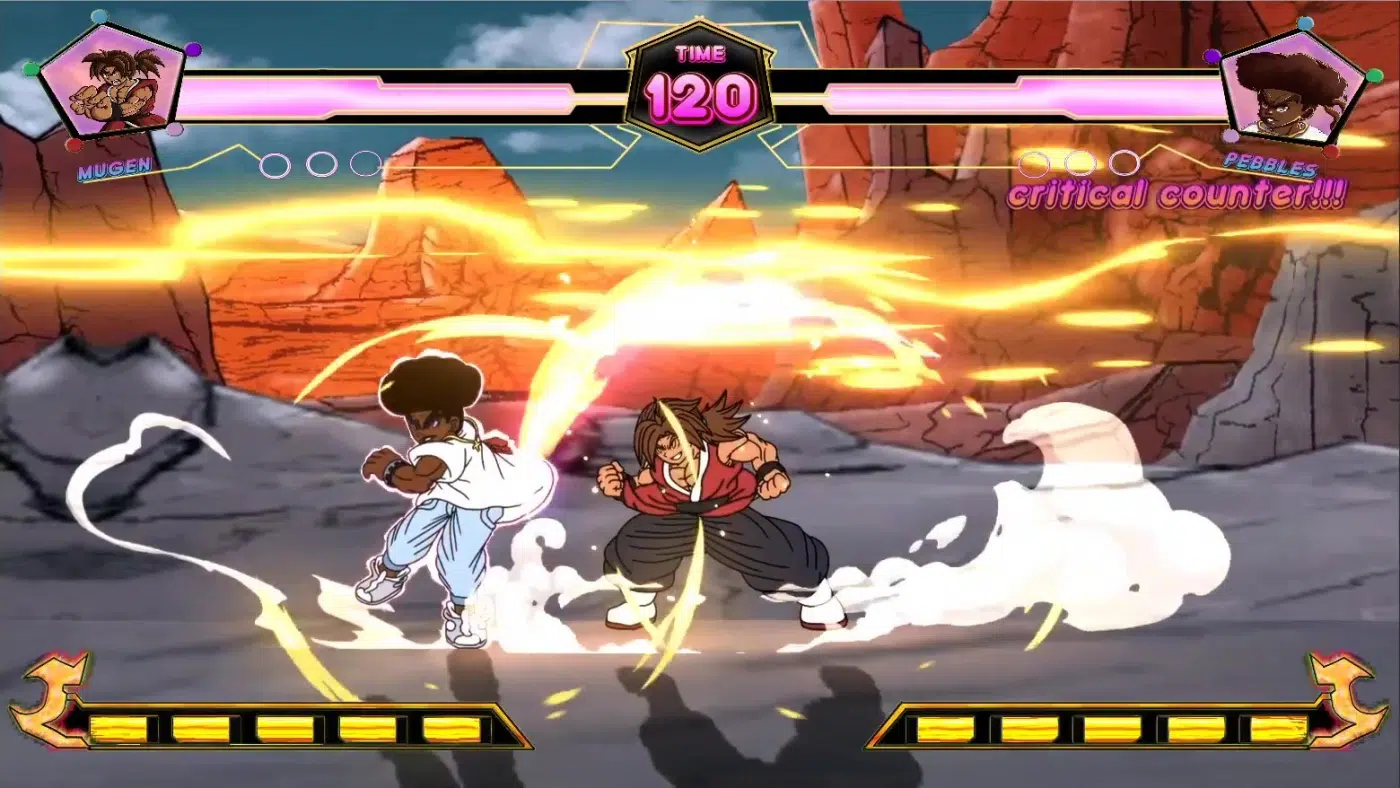 Anime-style characters face off with flashy moves
