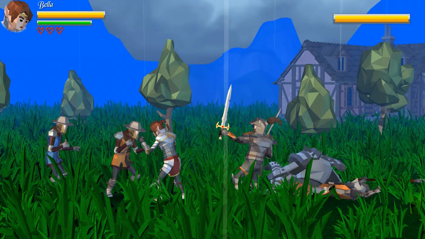 Low-poly knights battle in a grassy field