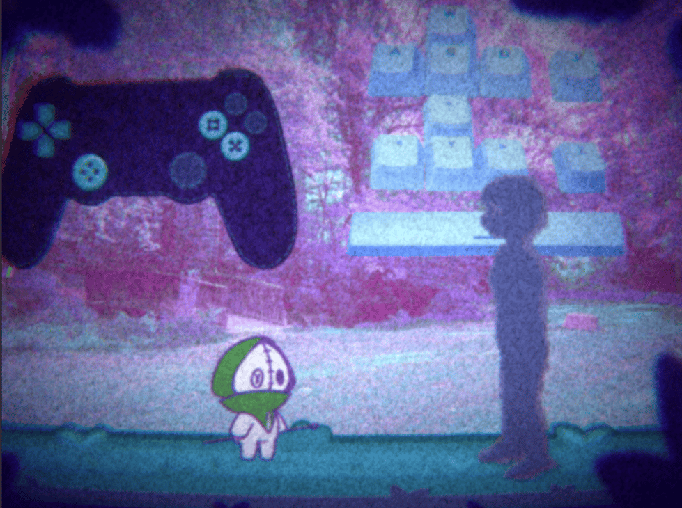 A 2d cartoon character is depicted against a photo background with a grainy filter applied