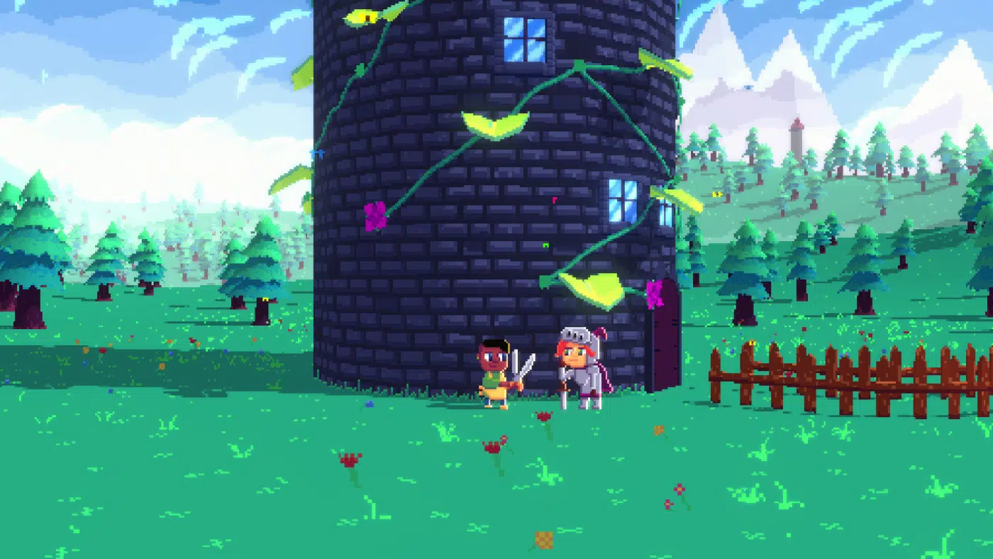 A gardener and a knight stand at the base of a vine-covered tower