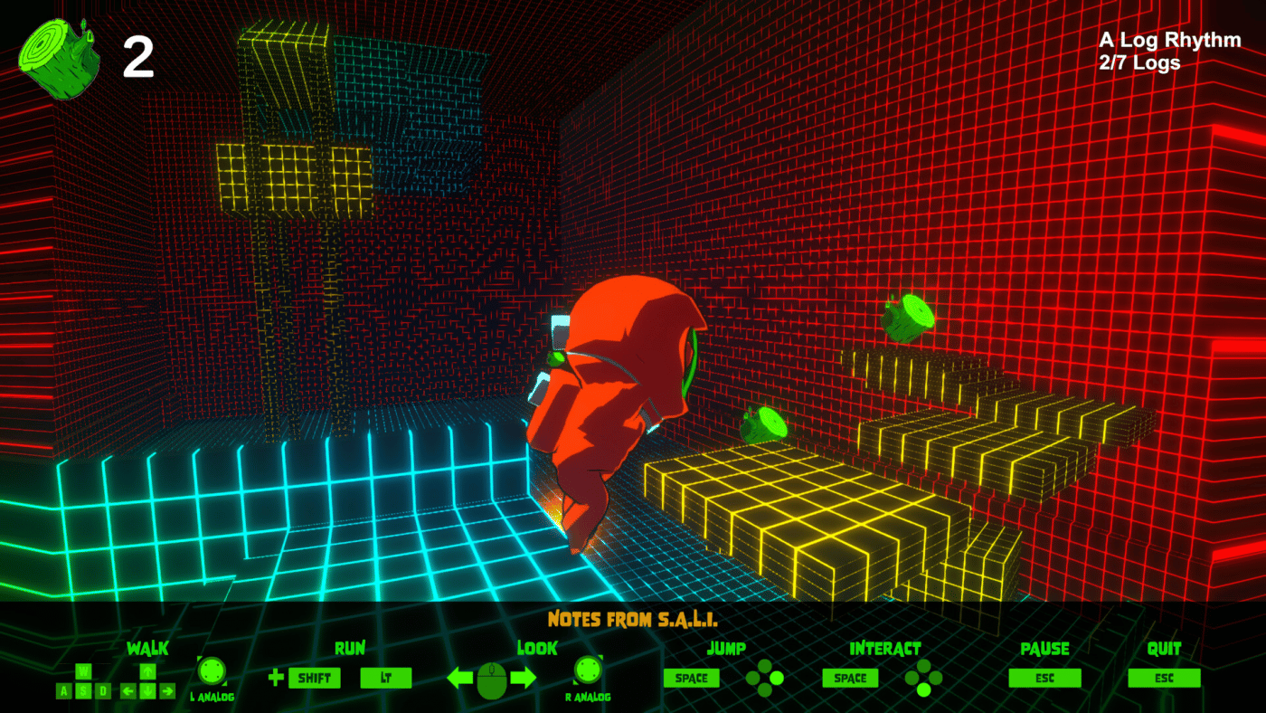 A character jumps across platforms made of neon and black cubes