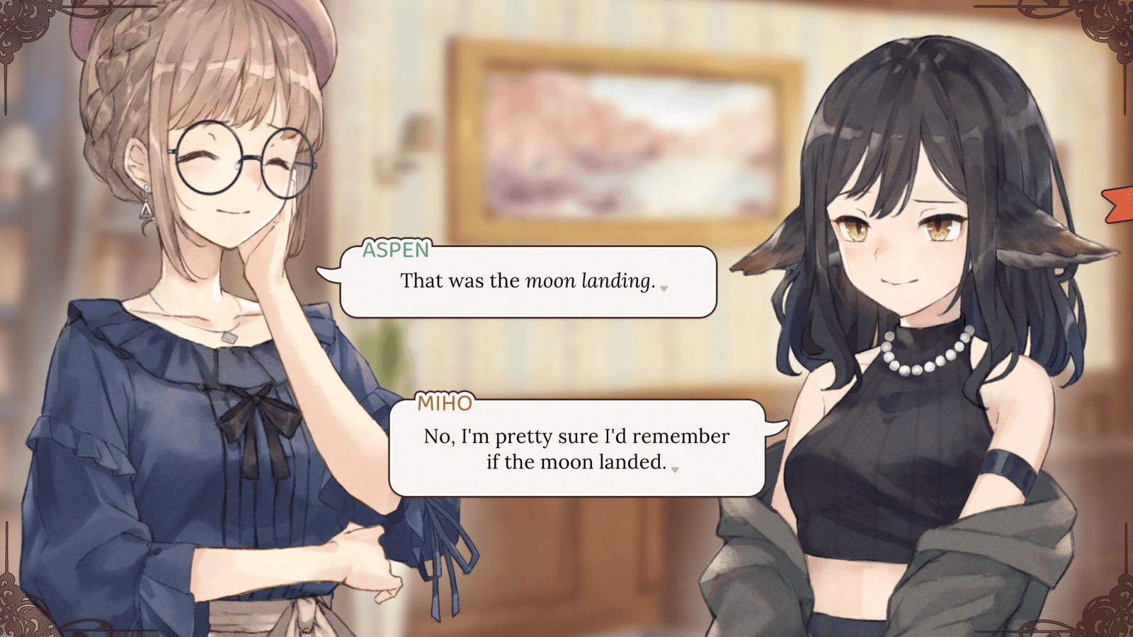 In the visual novel please be happy, two women are speaking with each other. The one on the left says "that was the moon landing! ". The other replies "no, i'm pretty sure I'd remember if the moon landed."