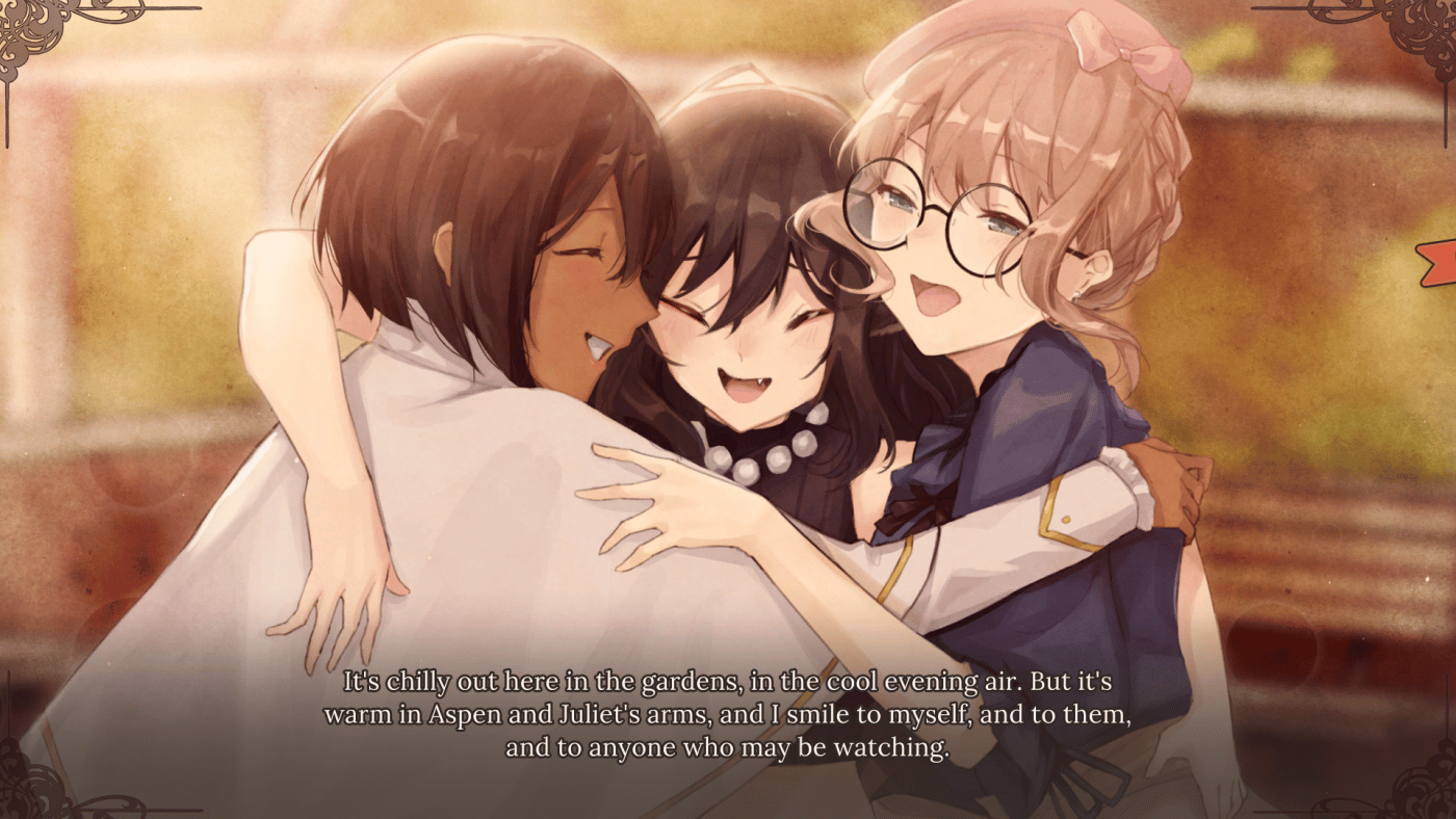 A picture of the three lead characters from please be happy. Narrative text describes how they're embracing each other in a hug.