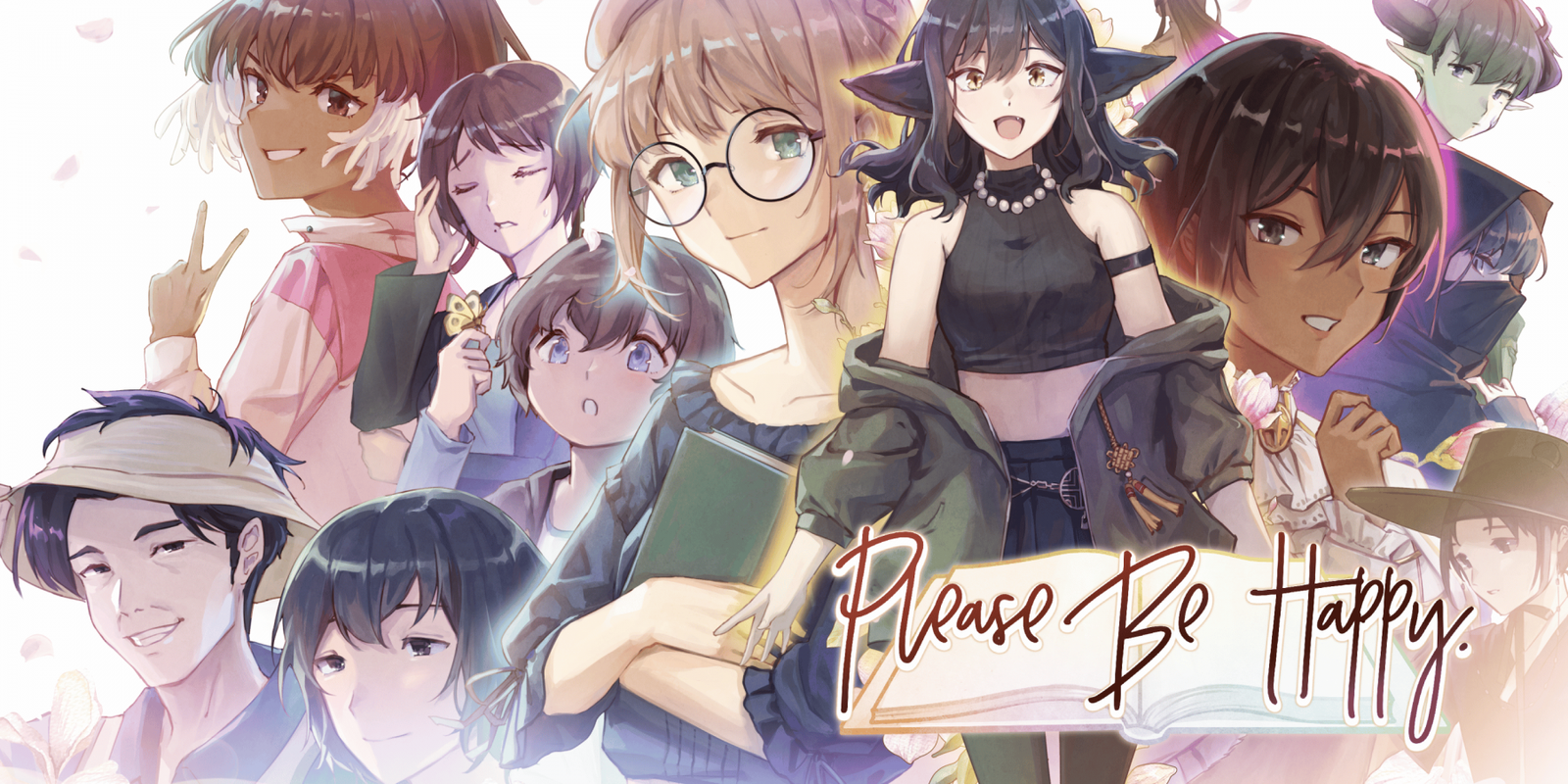 Banner for the game please be happy, featuring the game's full cast softly lit in white.