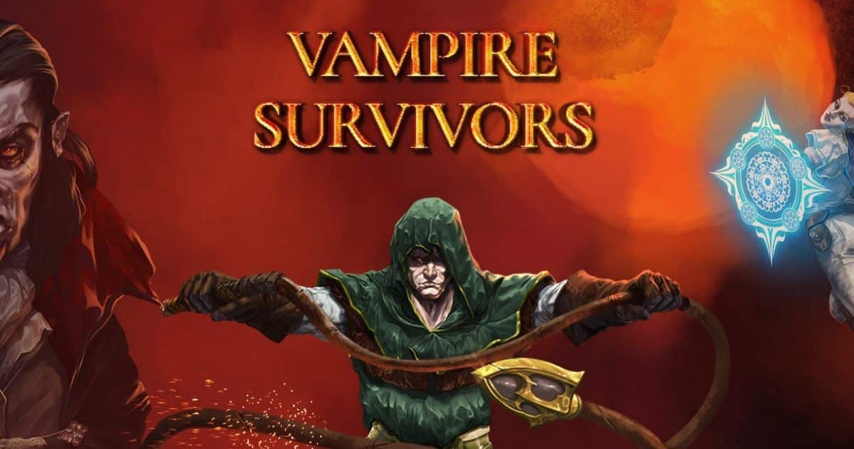 Vampire survivors cover art depicting a vampire slayer holding a whip