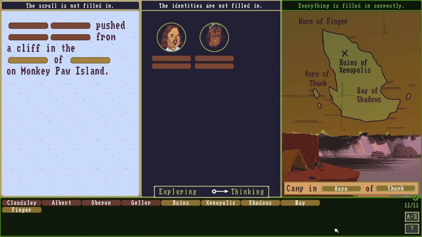 Thinking mode screenshot showing 3 panels of fill-in-the-blank puzzles. One contains a description of the events, another shows the people involved, and the third shows a map of the area. - case of the golden idol - review