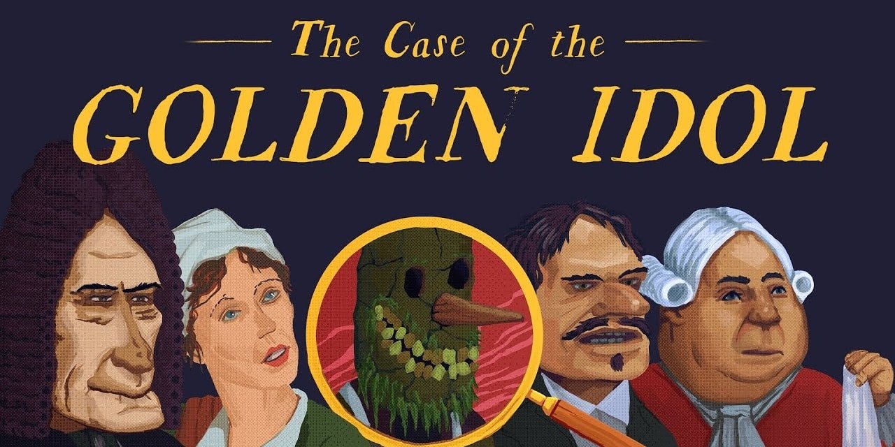 The Case of the Golden Idol promo art depicting crime suspects. A magnifying lens reveals that one of them is wearing a creepy mask.