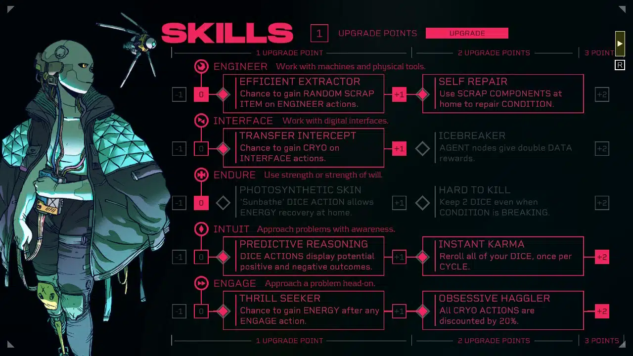 In citizen sleeper, stats give you small bonuses to your dice rolls and the actions you can take.