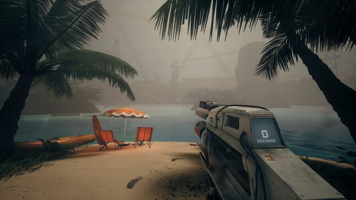 The player character admires a secluded beach with lounge chairs