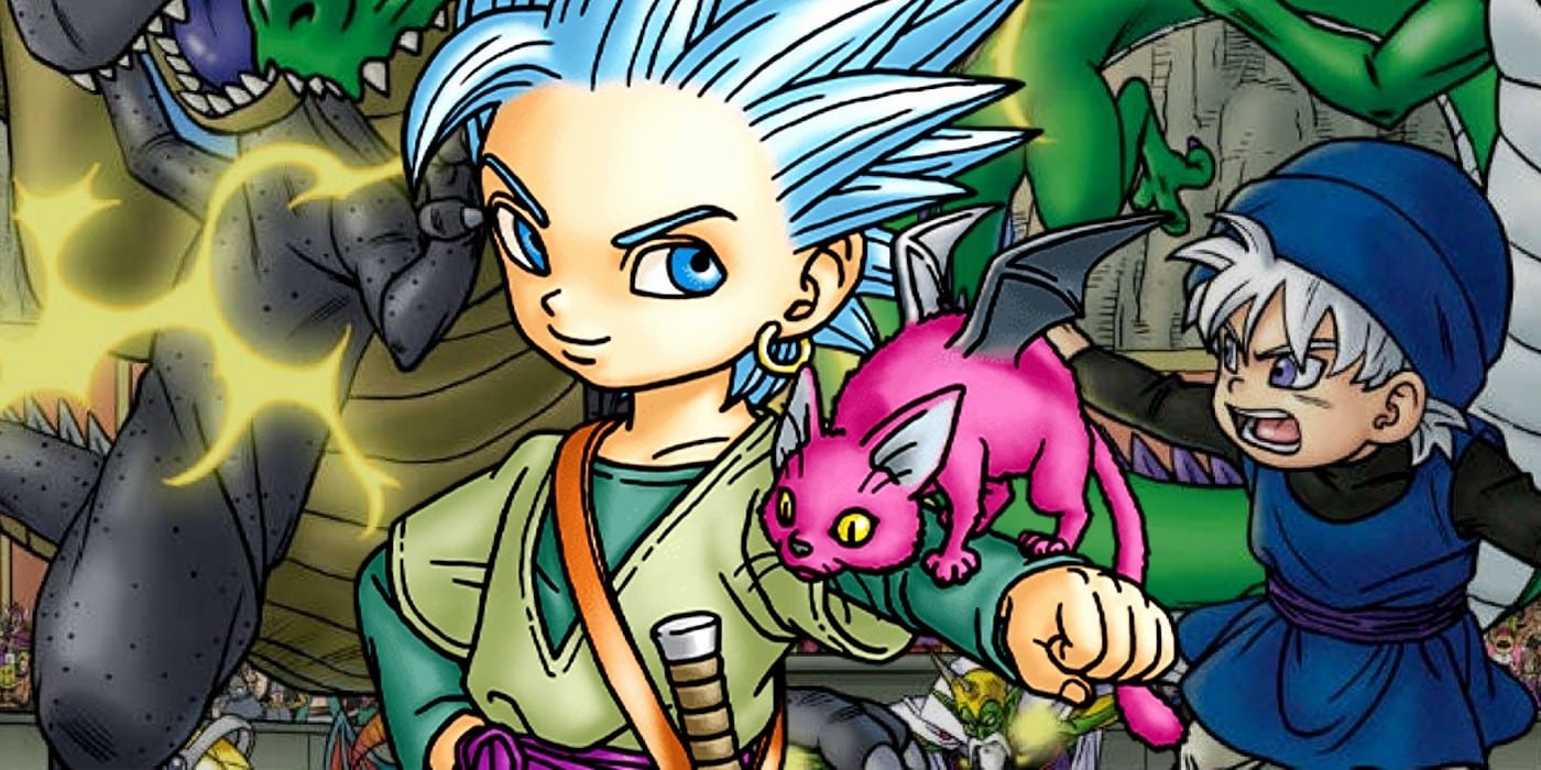 Erik from Dragon Quest Treasures over cover art showing Terry in Dragon Quest Monsters.