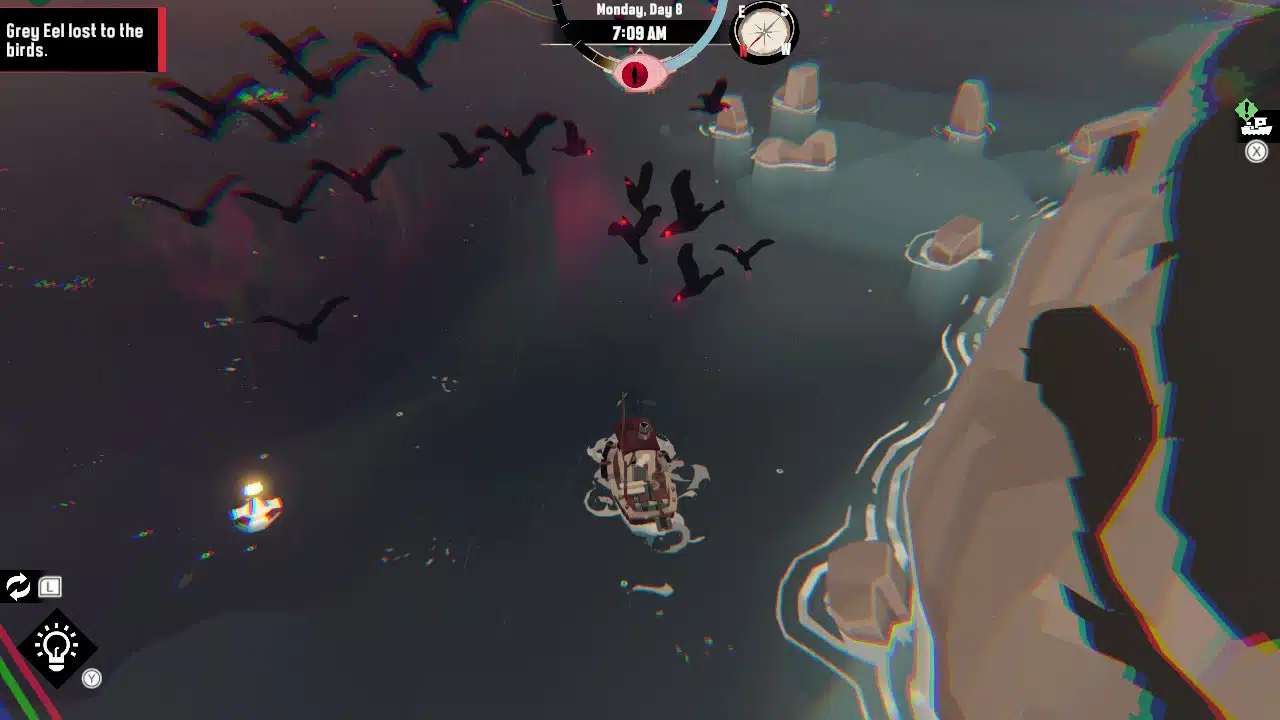 This flock of fish-stealing, red-eyed crows is the mildest scary thing i have seen in dredge so far.