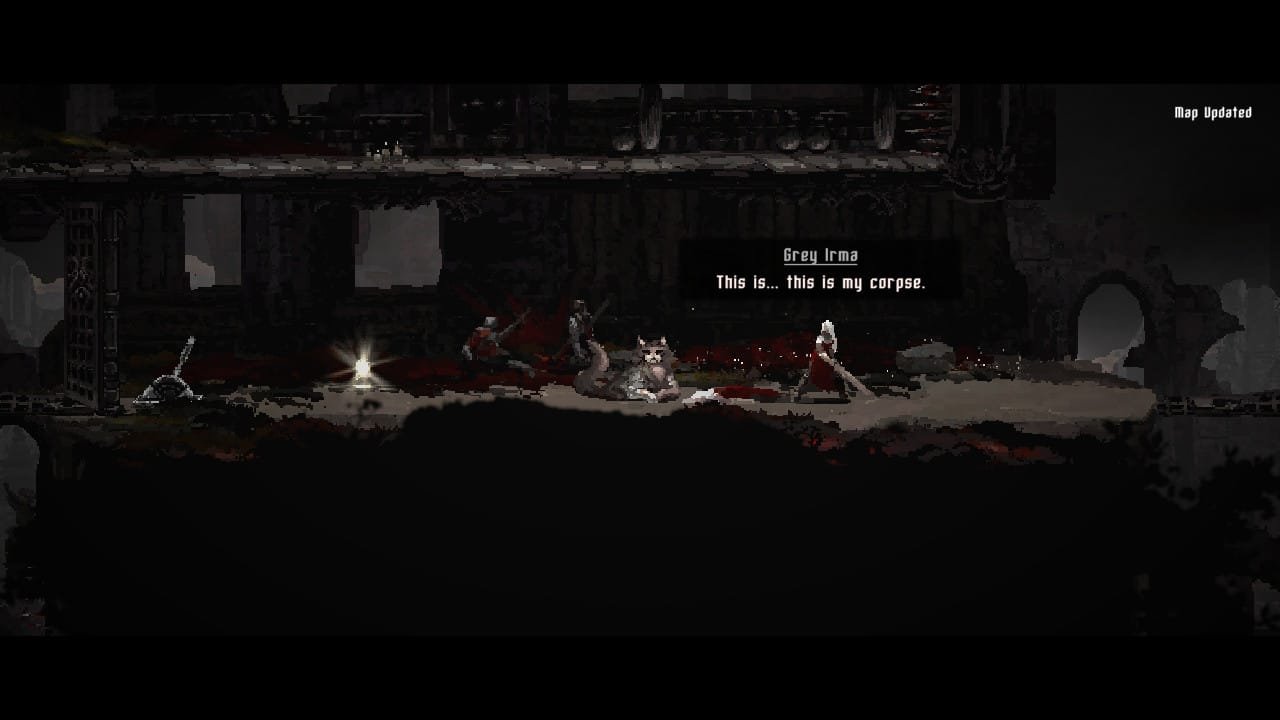 You will find your own corpse a lot in moonscars... Sometimes when you leave it behind and sometimes when you have to kill yourself. - moonscars tops the list of my least favorite completed games