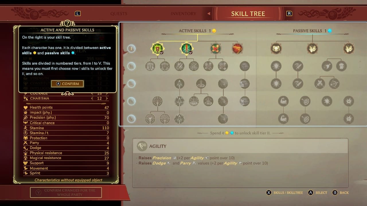 Each character in the dungeons of naheulbeuk has their own in-depth skill tree.